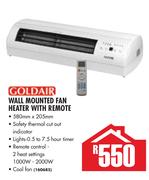 Goldair Wall Mounted Fan Heater With Remote