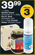 Golden Cloud Scone Mix-500g & Pot O'Gold Strawberry Jam-340g & Crystal Valley Whipped Cream-250g