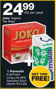 Joko Tagless Tea Bags-100's Per Pack + Parmalat Ever Fresh Long Life Milk Assorted-1Ltr Each