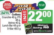 Cadbury Crunchie 40g, P.S 48g, Astros 40g, Lunch Bar 48g Or 5 Star 48.5g-For 2