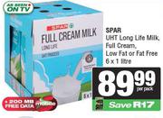Spar UHT Long Life Milk, Full Cream, Low Fat Or Fat Free-6 x 1L Per Pack