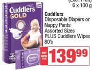Cuddlers Disposable Diapers Or Nappy Pants(Assorted Sizes) + Cuddlers Wipes 80's Pack-For Both
