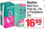 Stayfree Maxi Duo Pads 8's, 10's Or Pantyliners 20's Pack-Each