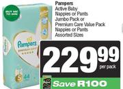Pampers Active Baby Nappies Or Pants Jumbo Pack Or Premium Care  Value Pack Nappies Or Pants-Per PK