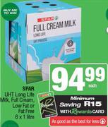 Spar UHT Long Life Milk (Full Cream, Low Fat Or Fat Free)-6 x 1Ltr