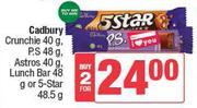 Cadbury Crunchie 40g, P.S 48g, Astros 40g, Lunch Bar 48g, Or 5-Star 48.5g-For Any 2