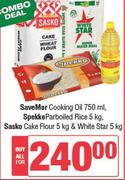 SaveMor Cooking Oil 750ml, Spekko Parboiled Rice 5kg, Sasko Cake Flour 5kg & White Star 5kg-For All