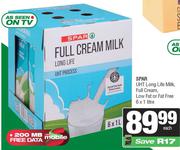 Spar UHT Long Life Milk (Full Cream, Low Fat Or Fat Free)-6 x 1Ltr