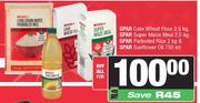 Spar Cake Wheat Flour 2.5Kg+Super Maize Meal 2.5Kg+Parboiled Rice 2Kg+Sunflower Oil 750ml-For All