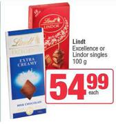 Lindt Excellence Or Lindor Singles-100g Each