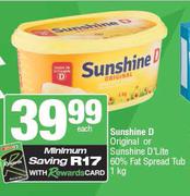Sunshine D Original Or Sunshine D'Lite 60% Fat Spread Tub-1kg Each