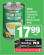 Spar Sweetcorn Creamstyle 420g Or Whole Kernel 400g-Each
