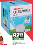 Spar UHT Long Life Milk (Full Cream, Low Fat Or Fat Free)-6 x 1Ltr Per Pack