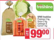 Spar Freshline Potatoes 3kg, Onion 2Kg, Cabbage &Carrot 1kg-For All 