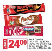Nestle Countline Kitkat 4F 41.5g,Kitkat Chunky 40g,Smarties 40g,Barone 52g,Tex 40g,Aero 40g-For Any2