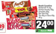 Nestle Countline Kitkat 4F 41.5g,Kitkat Crunchy 40g,Smarties 40g,Barone 52g,Tex 40g-For 2