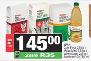 Spar Cake Flour 2.5Kg, Maize Meal 2.5Kg, White Sugar 2.5Kg & Sunflower Oil 750ml-For All