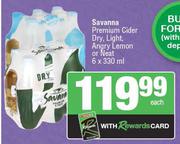 Savanna Premium Cider Dry, Light, Angry Lemon Or Neat-6 x 330ml Each