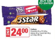 Cadbury Crunchie 40g, P.S 48g, Astros 40g, Lunch Bar 48g Or 5 Star 48.5g-For 2