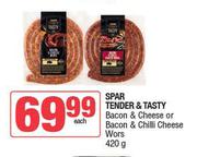Spar Tender & Tasty Bacon & Cheese Or Bacon & Chilli Cheese Wors-420g Each