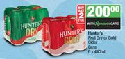 Hunter's Real Dry or Gold Cider Cans-For Any 2 x 6 x 440ml