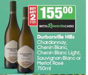 Durbanville Hills Chardonnay,Chenin Blanc,Chenin Blanc Light,Sauvignon Blanc Or Merlot Rose-2 x 750m