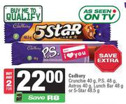 Cadbury Crunchie 40g,P.S 48g,Astros 40g,Lunch Bar 48g Or 5 Star 48.5g-For 2