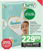 Pampers Active Baby Nappies Or Pants Jumbo Pack Or Premium Care Value Pack Nappies Or Pants 44s-Each