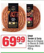 Spar Tender & Tasty Bacon & Cheese Or Bacon & Chilli Cheese Wors-420g Each