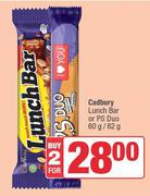 Cadbury Lunch Bar Or PS Duo-For 2 x 60g/62g