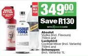 Absolut Vodka 750ml & Luckybird Cocktail Mixer 750ml & Schweppes 1L-All For