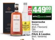 Inverroche Amber Gin 750ml & Fitch & Leedes 1L-Both For
