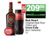 Red Heart Original Dark Rum 750ml & Coca Cola 1L-Both For
