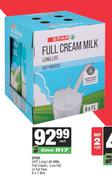 Spar UHT long Life Milk, Full Cream, Low Fat Or Fat Free-6 x 1L Each