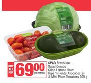 Spar Freshline Salad Combo Crisp,Lettuce Head,Ripe n Ready Avocados 2s & Mini Plum Tomatoes 200g-All