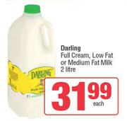 Darling Full Cream, Low Fat Or Medium Fat Milk-2L Each
