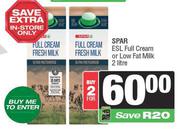 Spar ESL Full Cream Or Low Fat Milk-For 2 x 2L