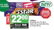Cadbury Crunchie 40g, P.S 48g, Astros 40g, Lunch Bar 48g Or 5 Star 48.5g-For 2
