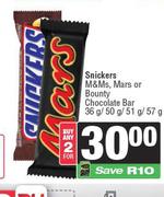 Snickers M&Ms, Mars Or Bounty Chocolate Bar-For 2 x 36g/50g/51g/57g