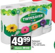 Twinsaver Toilet Tissue 1 Ply 500 Sheets-8s Each