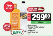 Jagermeister Orange Herbal Liqueur 750ml & Schweppes (Incl. Variants) 1Ltr-Per Combo