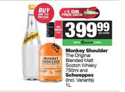 Monkey Shoulder The Original Blended Malt Scotch Whisky 750ml & Schweppes 1L-For Both