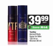 Yardley Aerosol Body Spray For Men 125ml Or Women 90ml-Each