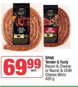 Spar Tender & Tasty Bacon & Cheese Or Bacon & Chilli Cheese Wors-420g Each