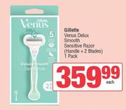 Gillette Venus Delux Smooth Sensitive Razor (Handle + 2 Blades) 1 Pack-Each
