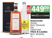Inverroche Amber Gin 750ml & Fitch & Leedes 1L-Both For