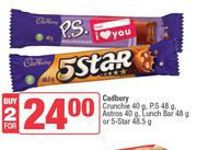 Cadbury Crunchie 40g,P.S 48g,Astros 40g,Lunch Bar 48g Or 5 Star 48.5g-For 2