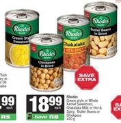 Rhodes Cream Style Or Whole Kernel Sweetcorn,Chakalaka Mild Or Hot & Spicy,Butter Beans-420g