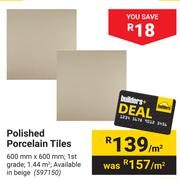 Polished Porcelain Tiles-600mm x 600m Per Sqm