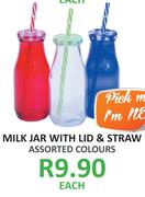 Milk Jar With Lid & Straw-Each